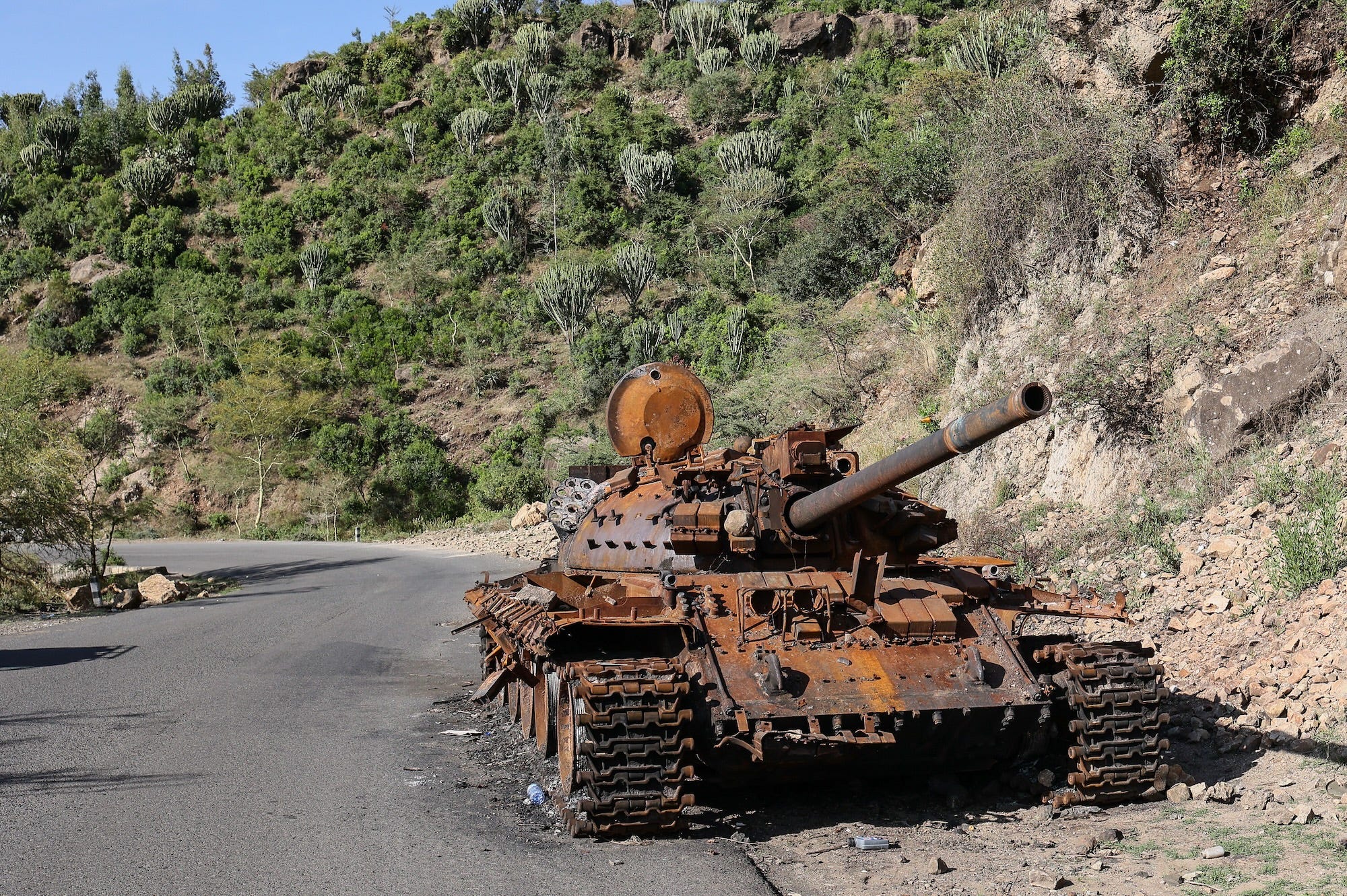 A tank reportedly destroyed by a drone strike along the A2 road outside the city of Haik, which Tigray rebels had controlled before the Ethiopian government pushed them out.J. Countess/Getty Images