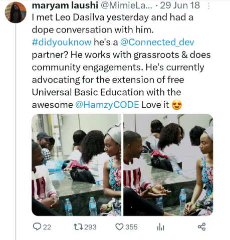 Maryam Laushi's tweet posted the day she met Leo Dasilva [Maryam Laushi]