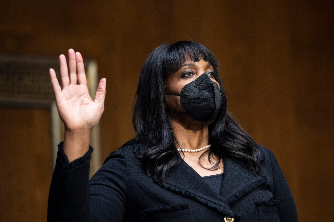 Federal Reserve Gov. Lisa Cook is sworn in during a Senate Banking, Housing and Urban Affairs Committee confirmation hearing on Thursday, Feb. 3, 2022, in Washington.