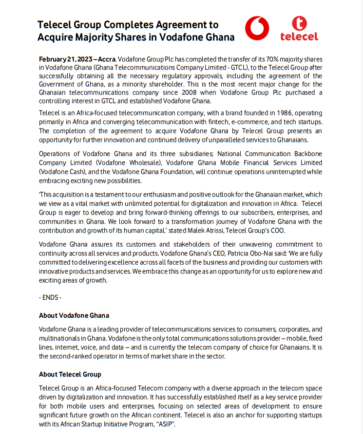 Acquisition concluded: Telecel Group is now majority shareholder in Vodafone Ghana