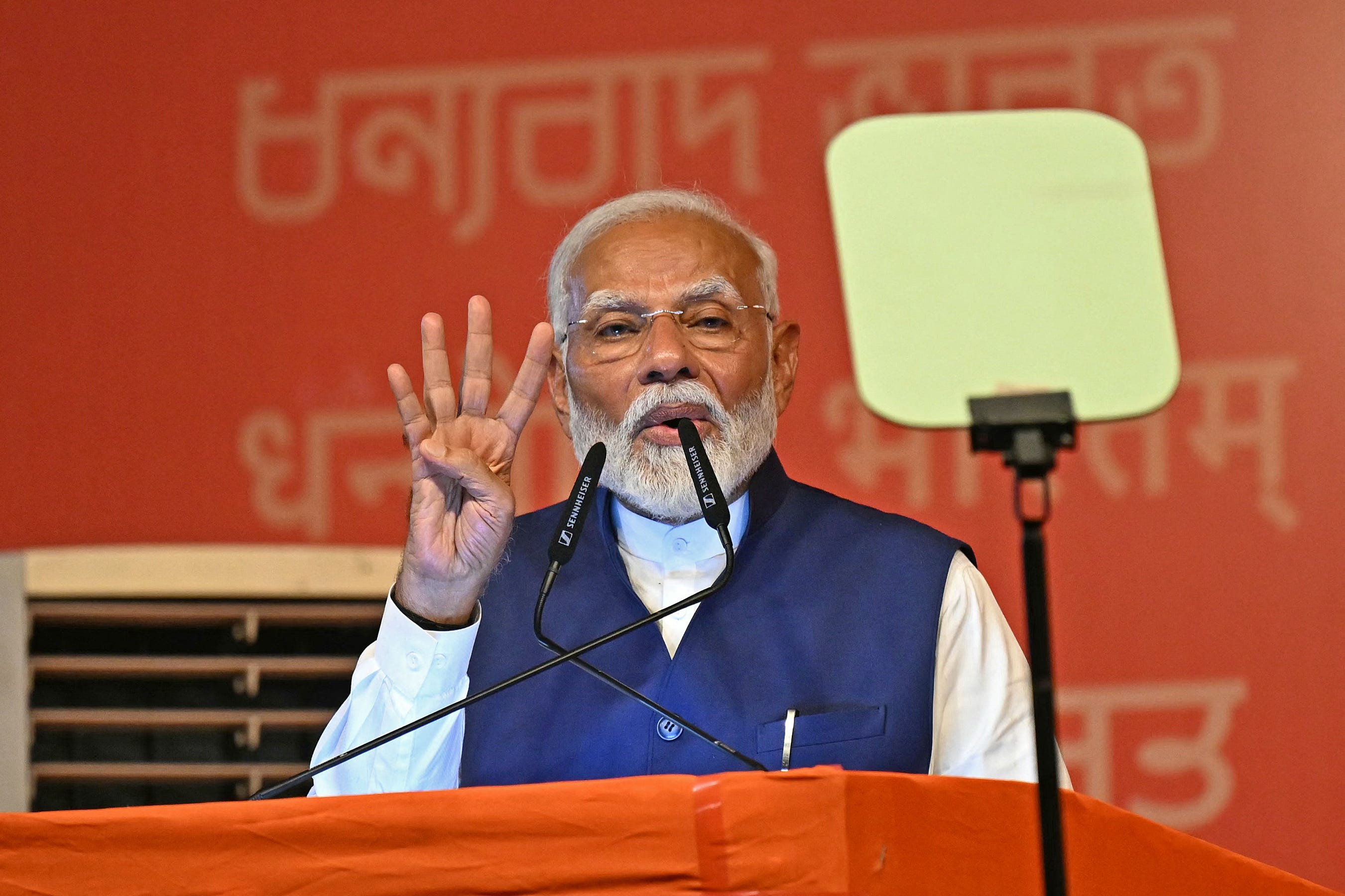 India's Prime Minister Narendra Modi addresses his supporters after Bharatiya Janata Party (BJP) won in the country's general election, in New Delhi on June 4, 2024.MONEY SHARMA/AFP via Getty Images