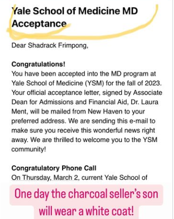Ghanaian charcoal seller’s son rejected by 15 schools gets admission into Yale Medical School