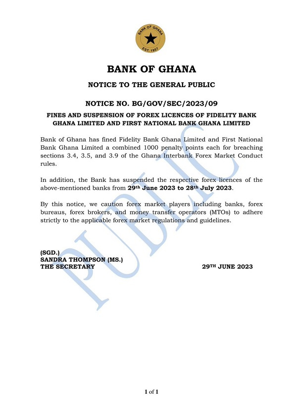BoG suspends Fidelity Bank, First National Bank from trading forex
