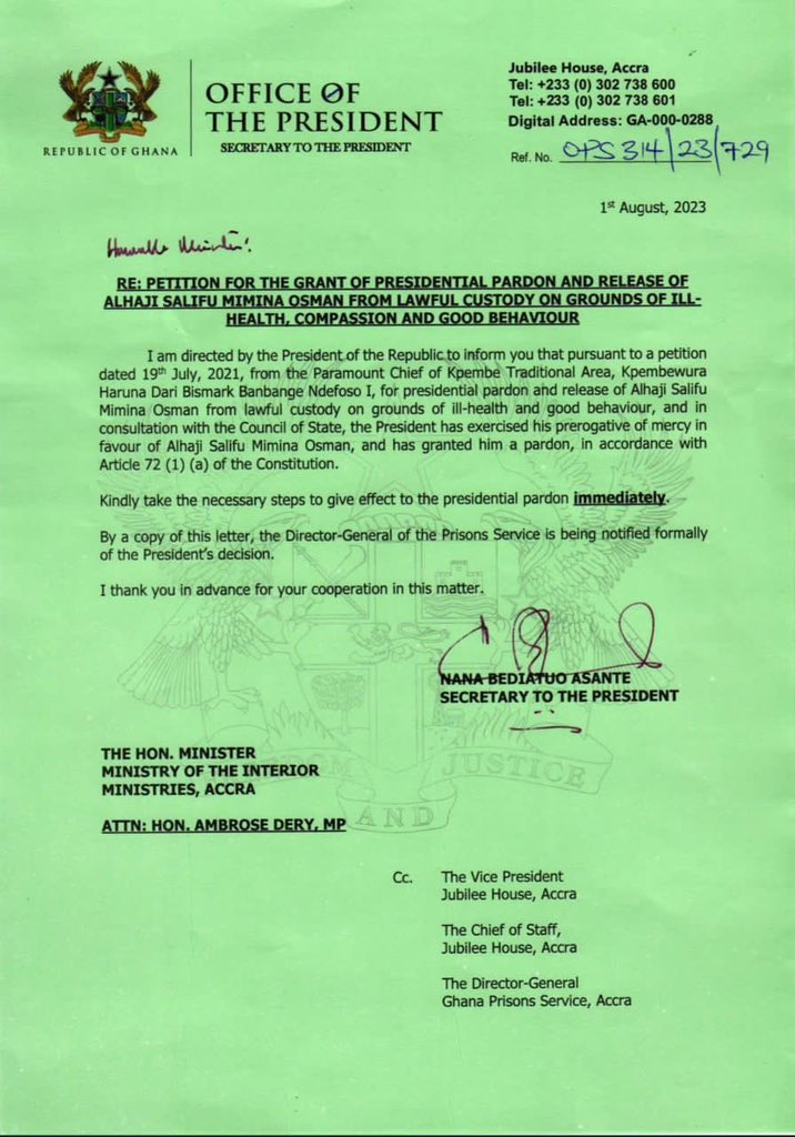 Former deputy National Security Coordinator receives presidential pardon from Akufo-Addo