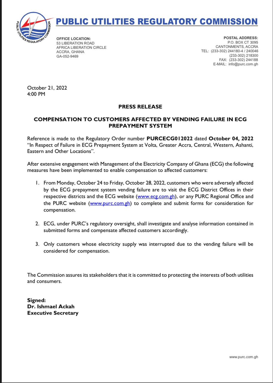 PURC, ECG to recompense customers from Monday, Oct 24