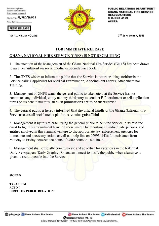 Ghana National Fire Service is not recruiting