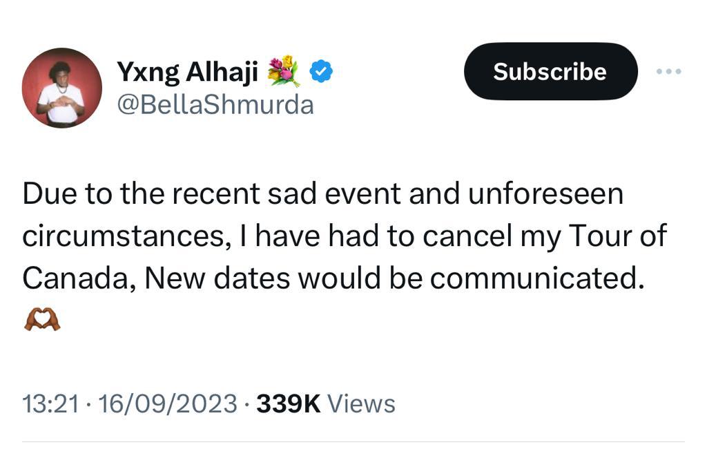 Bella Shmurda postpones Canadian tour over Mohbad's death