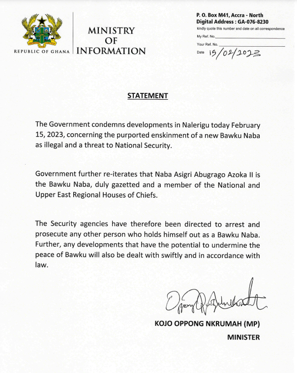 Enskinment of new Bawku Naba is illegal – Government declares, orders arrest of new chief