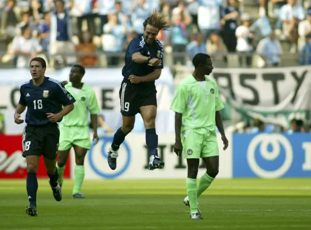 Top 10 World Cup top scorer, Gabriel Batistuta celebrates after scoring the opening goal for Argentina at the 2002 FIFA World Cup