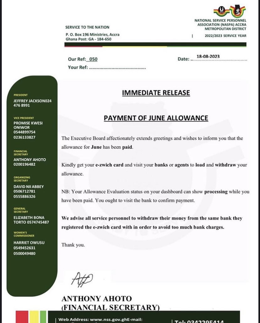 NSS confirms payment of June allowance