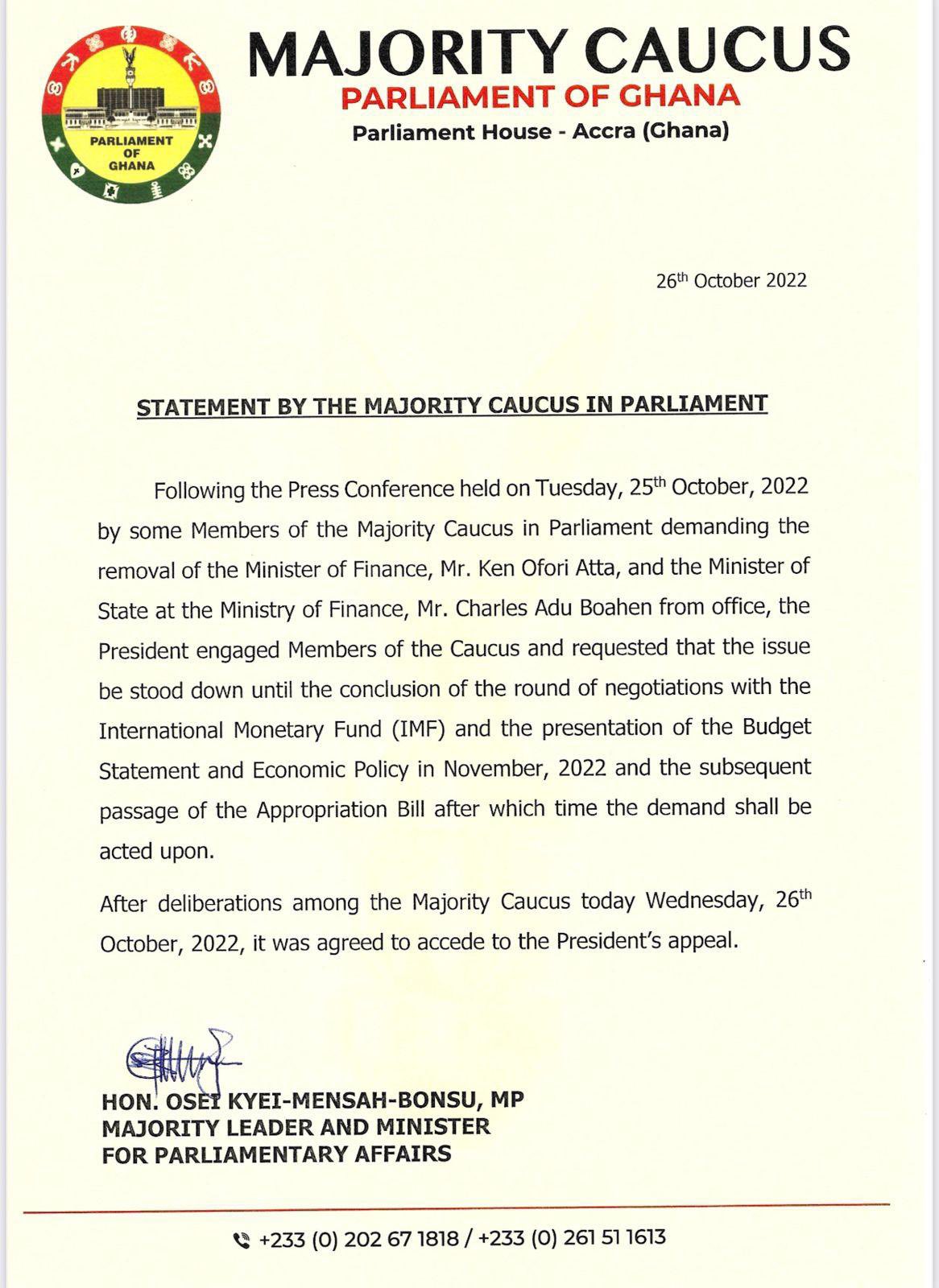 Majority concedes to President Akufo-Addo’s decision to delay Ofori-Atta’s sacking