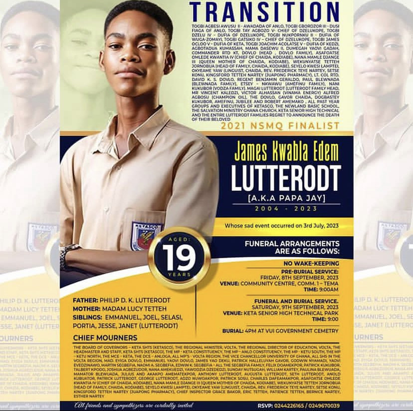 Late Ketasco 2021 NSMQ star James Lutterodt goes home today