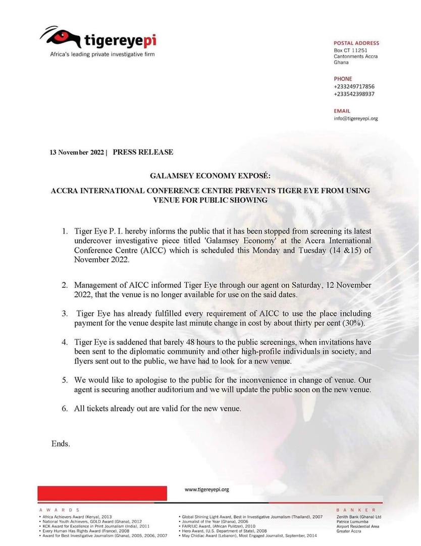 Statement by Tiger Eye PI