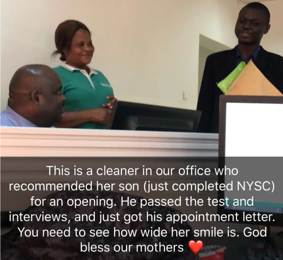 Company cleaner full of joy as son she recommended gets employed