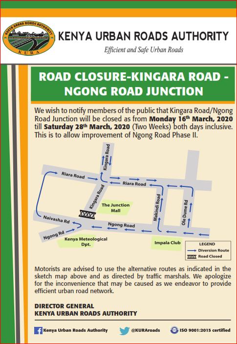 Ngong Road junction and Kingara Road to be closed for two weeks ...