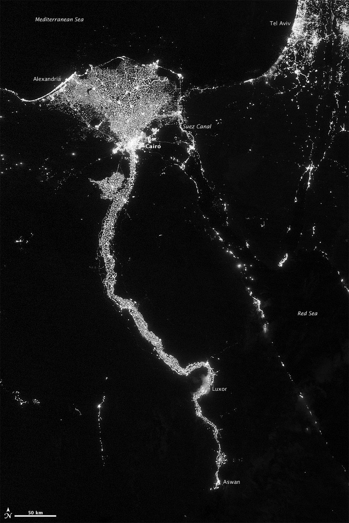 Human dependence on river systems is on full display in Egypt's Nile River Valley and Delta (shown here at night in 2012), which NASA says comprises just 5% of the country's land — but is where 97% of its population lives. 