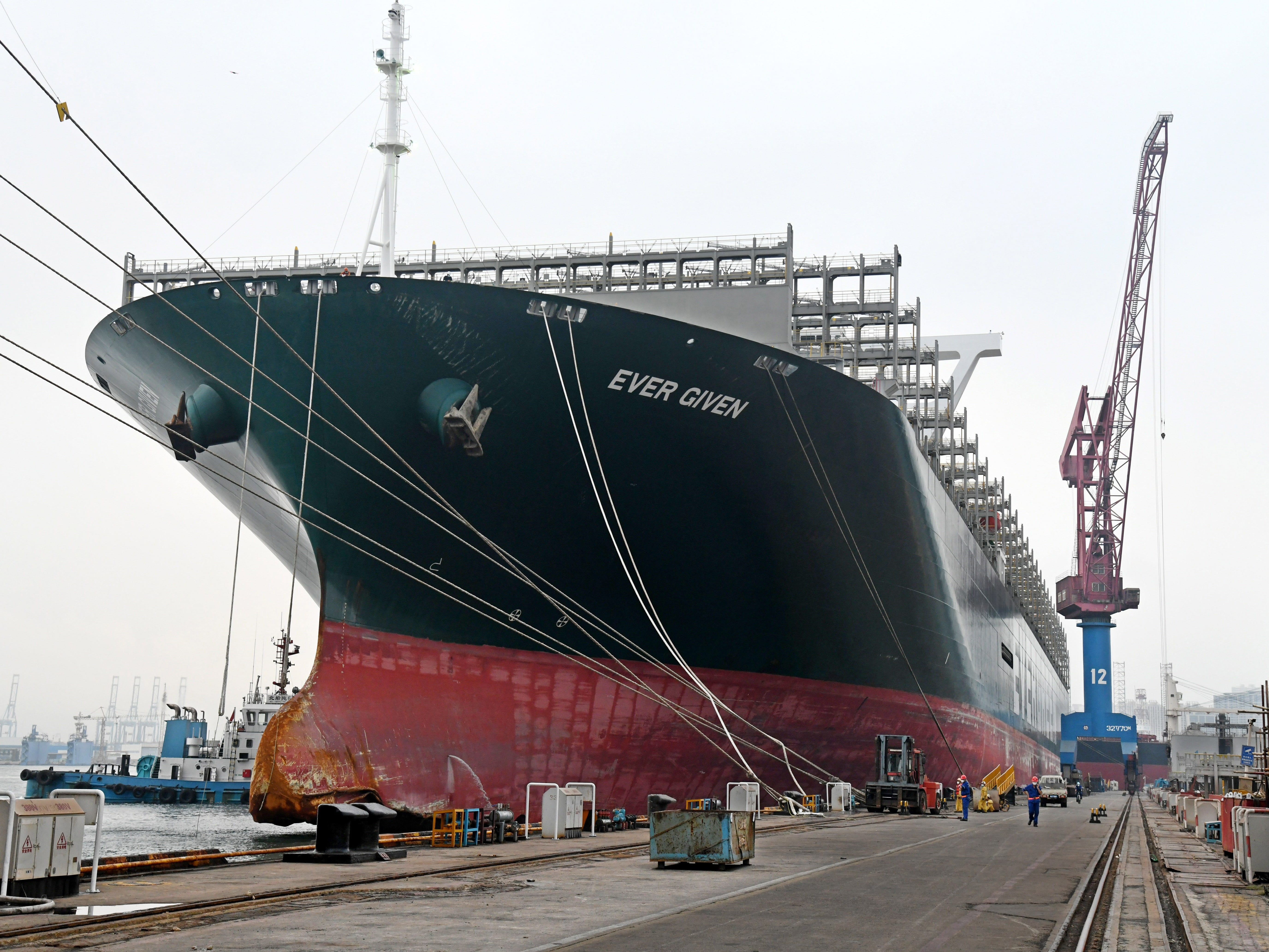 Ever Given container ship berthed at a ship-repairing dock of Qingdao Beihai Shipbuilding Heavy Industry Co., Ltd. in Qingdao, east China's Shandong Province.
