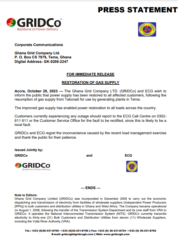 GRIDCo assures power restoration