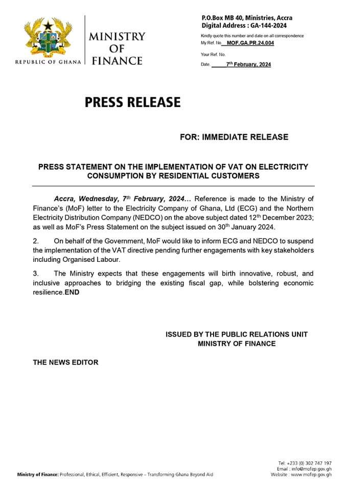 Organised Labour suspends demo, demands complete withdrawal of 15% VAT on electricity