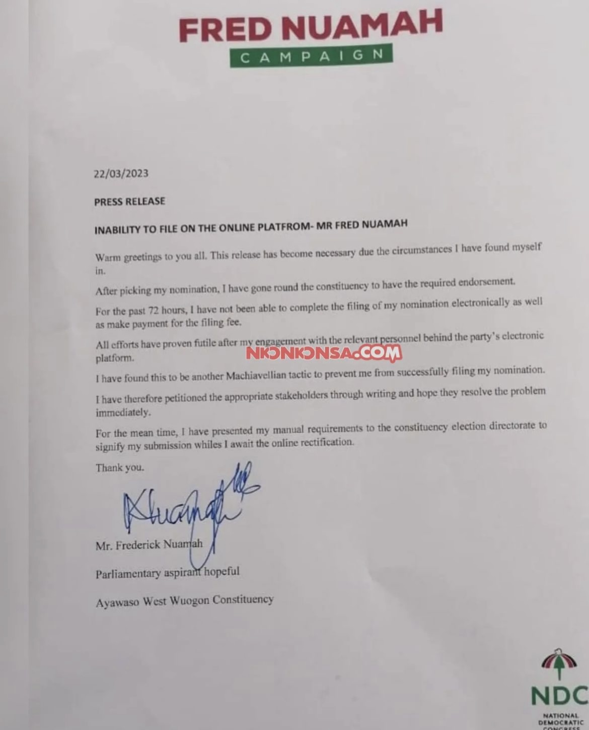 Fred Nuamah petitions NDC over ‘Machiavellian tactic’ to prevent him from filing nomination