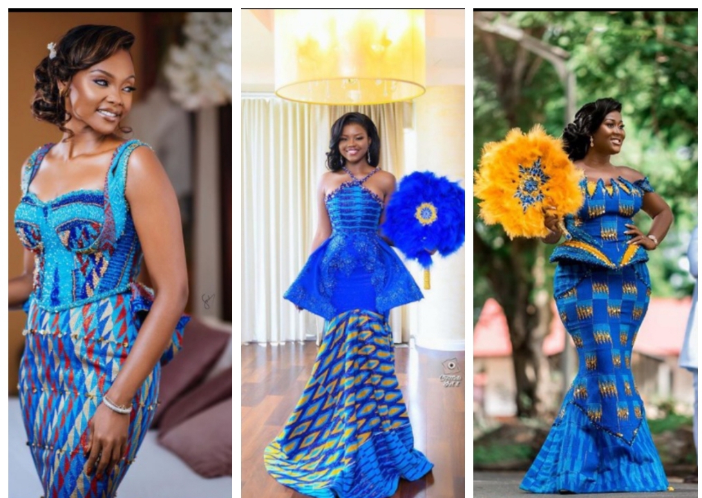 Royal Blue, Gold & White Kente with Royal Blue plain Kente