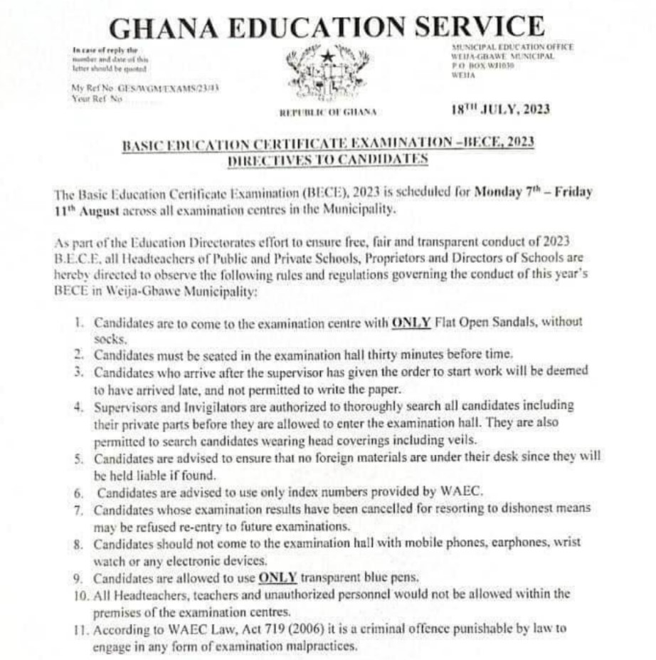 No wearing of wristwatches or socks; only open sandals - GES warns BECE candidates