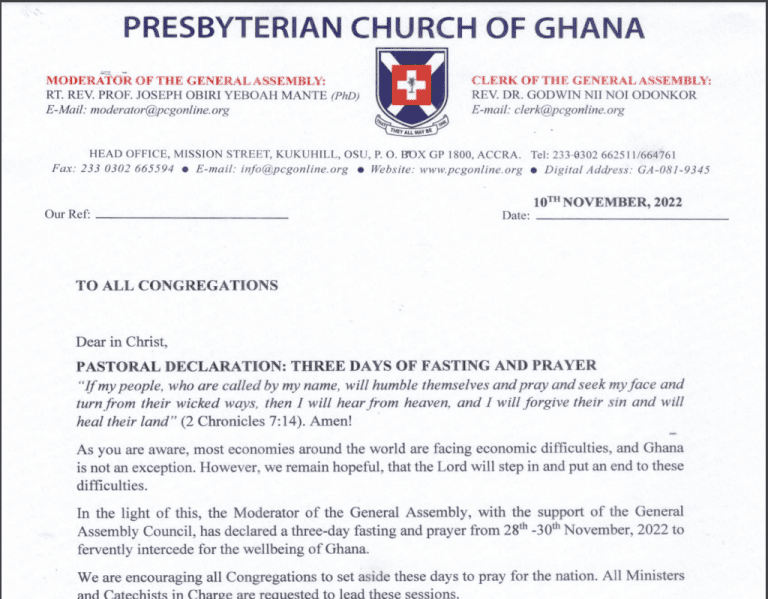 Presby Church declares 3-day fasting and prayers against economic hardship