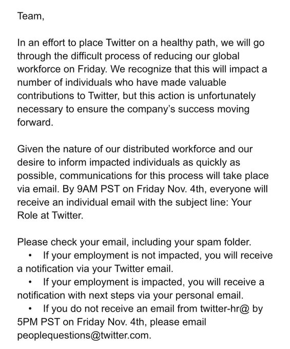 Twitter's layoff notice email to Tweeps