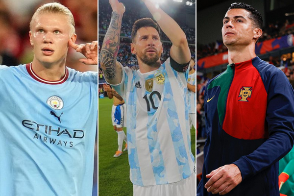 After dominating the Forbes list for nine years Lionel Messi (C) and Cristiano Ronaldo (R) drop to numbers 2 and 3. Manchester City's Erling Haaland (L) debuts at six