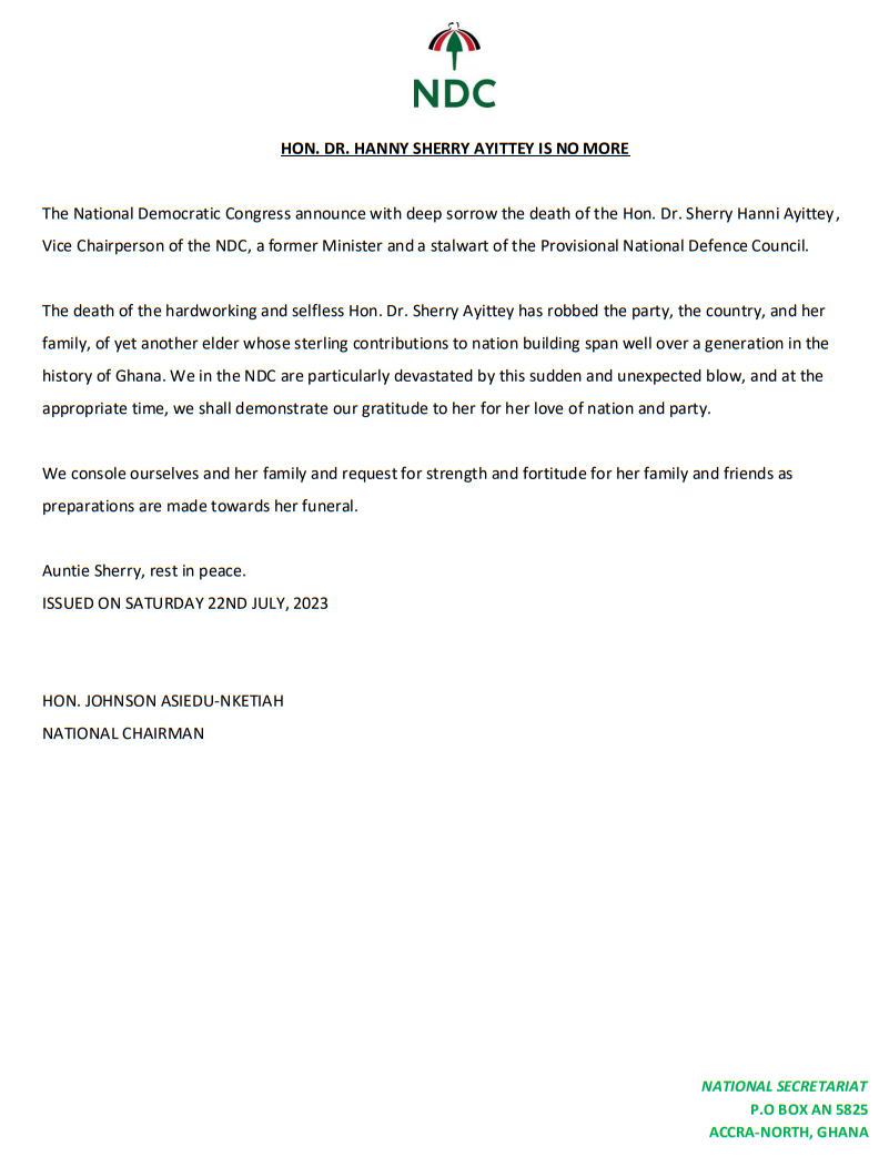 Sherry Ayittey’s death, a big blow – NDC
