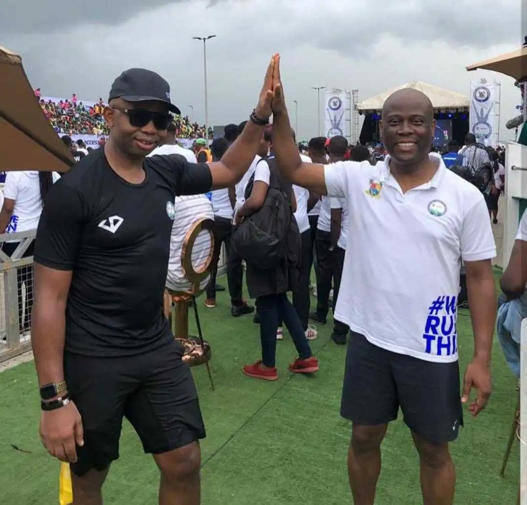 [L-R]: Ex-Group Managing Director Diamond Bank Uzoma Dozie and Herbert Wigwe posed for a photo at the Lagos City Marathon in 2019