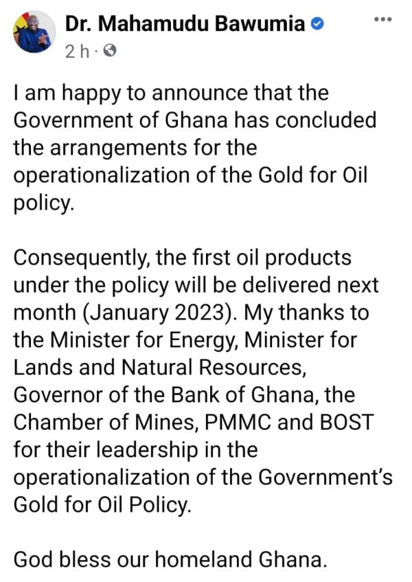 First delivery of oil products under ‘gold for oil’ policy set for January 2023 - Bawumia reveals