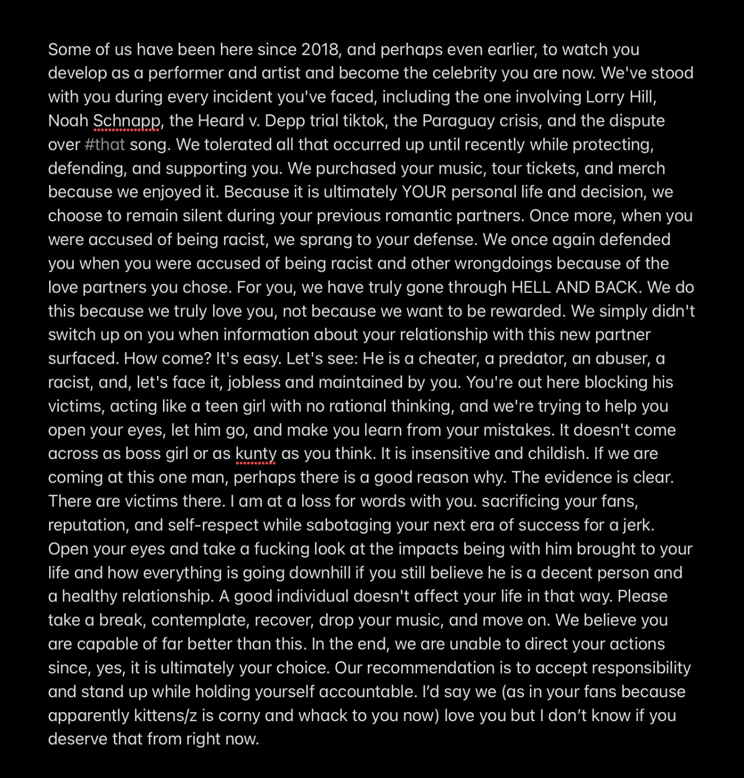 Her fan penned a detailed message to the singer