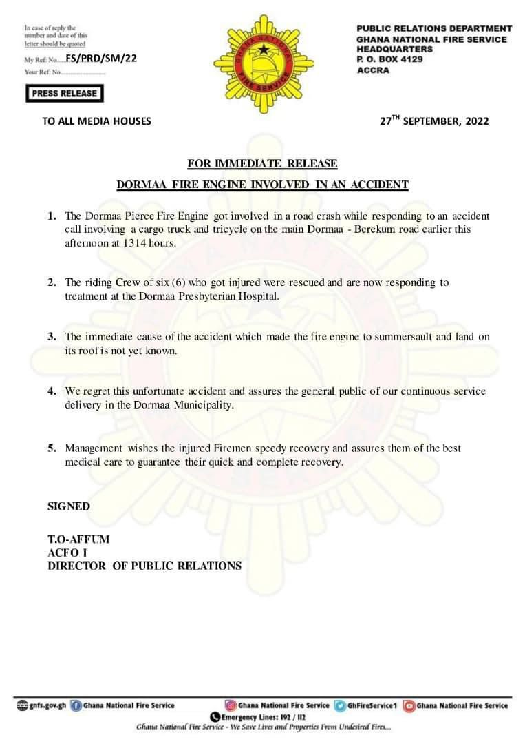 GNFS - six officers injured in Dormaa-Berekum  collision