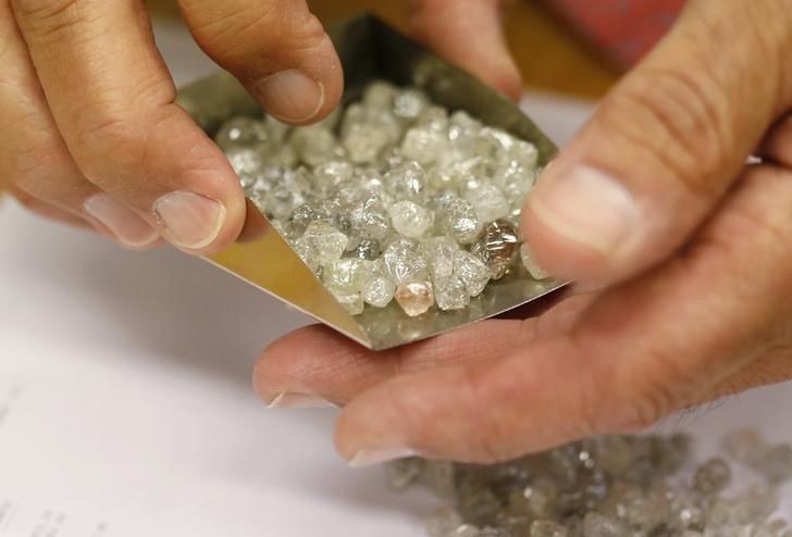 Diamond buyer Elliot Tannenbaum, from the Leo Schachter Diamond Group, holds uncut diamonds from his company's allocation at a sightholders week at De Beers offices in central London August 29, 2013. REUTERS/Olivia Harris