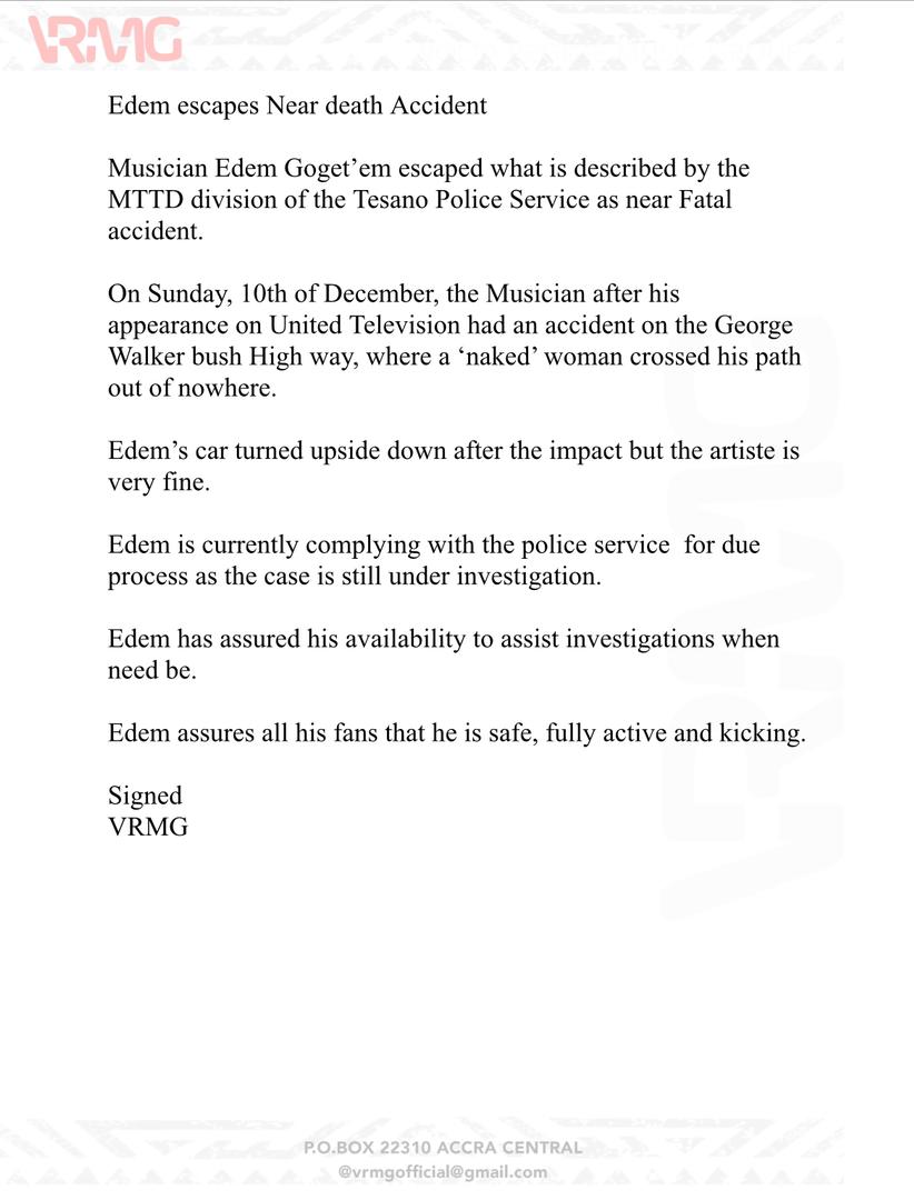 Rapper Edem\'s team breaks silence on accident