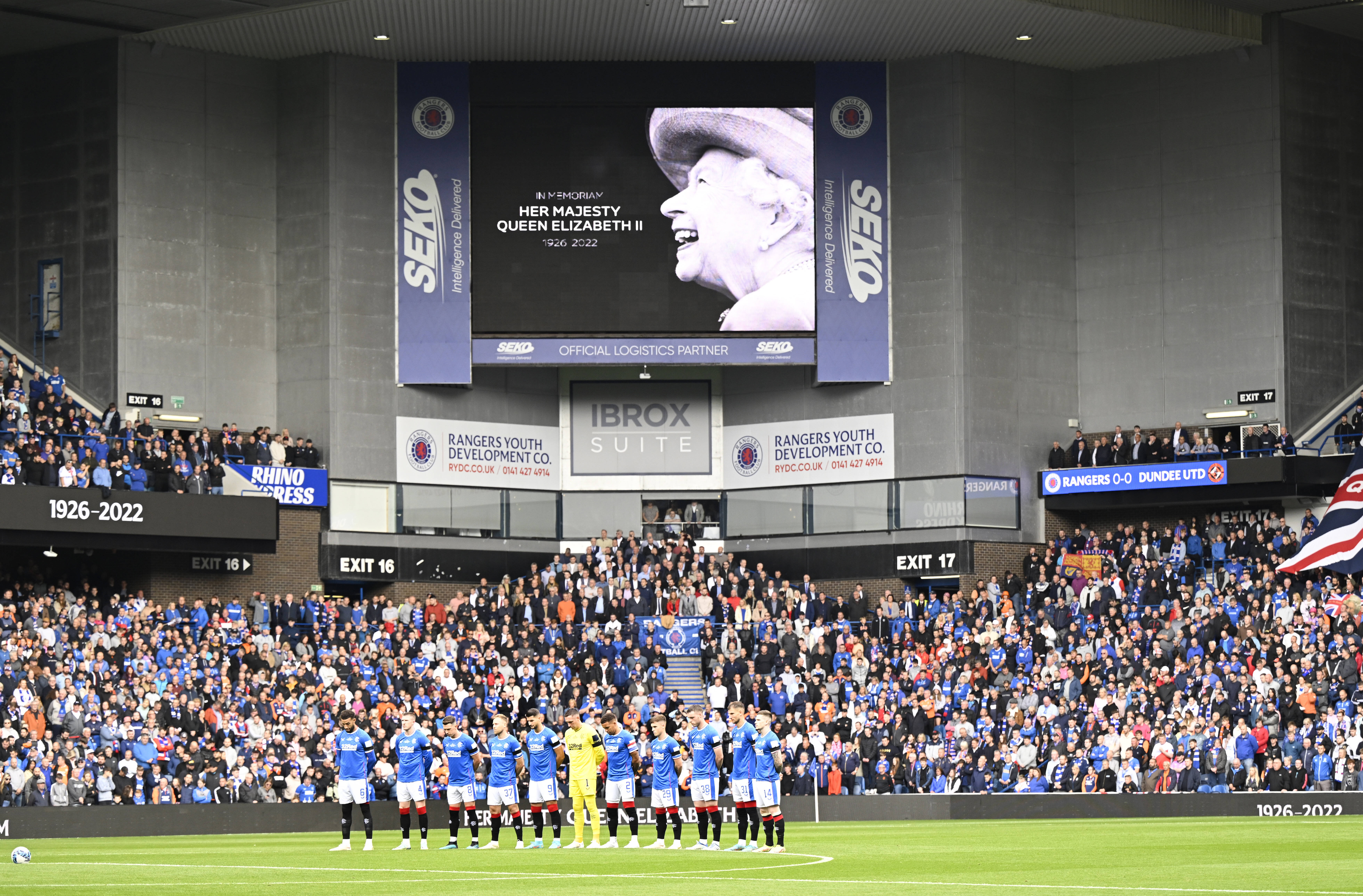 Rangers observed a minute's silence in honour of Her Majesty the Queen at Ibrox Stadium