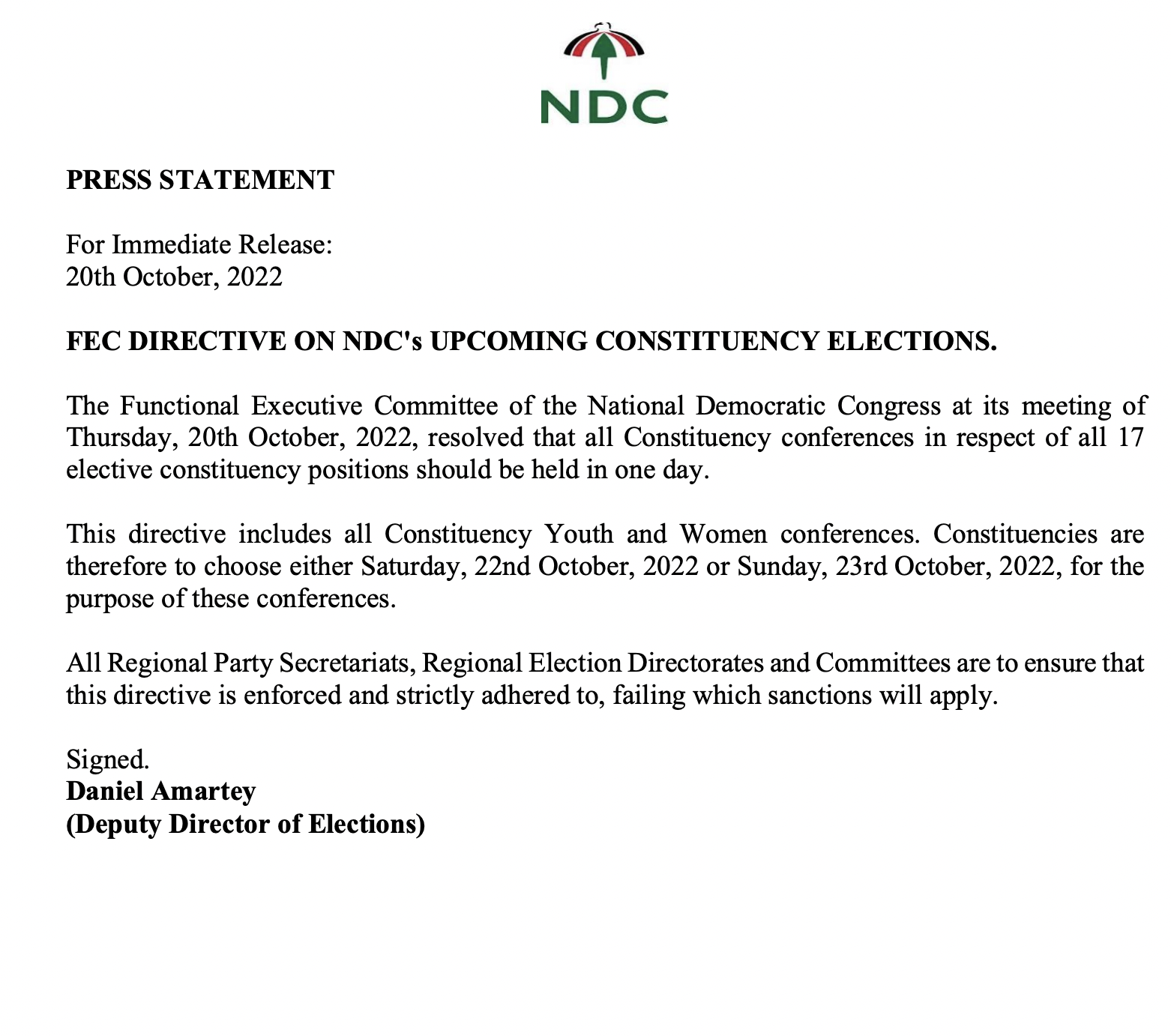 FEC issues directives on constituency elections of the NDC