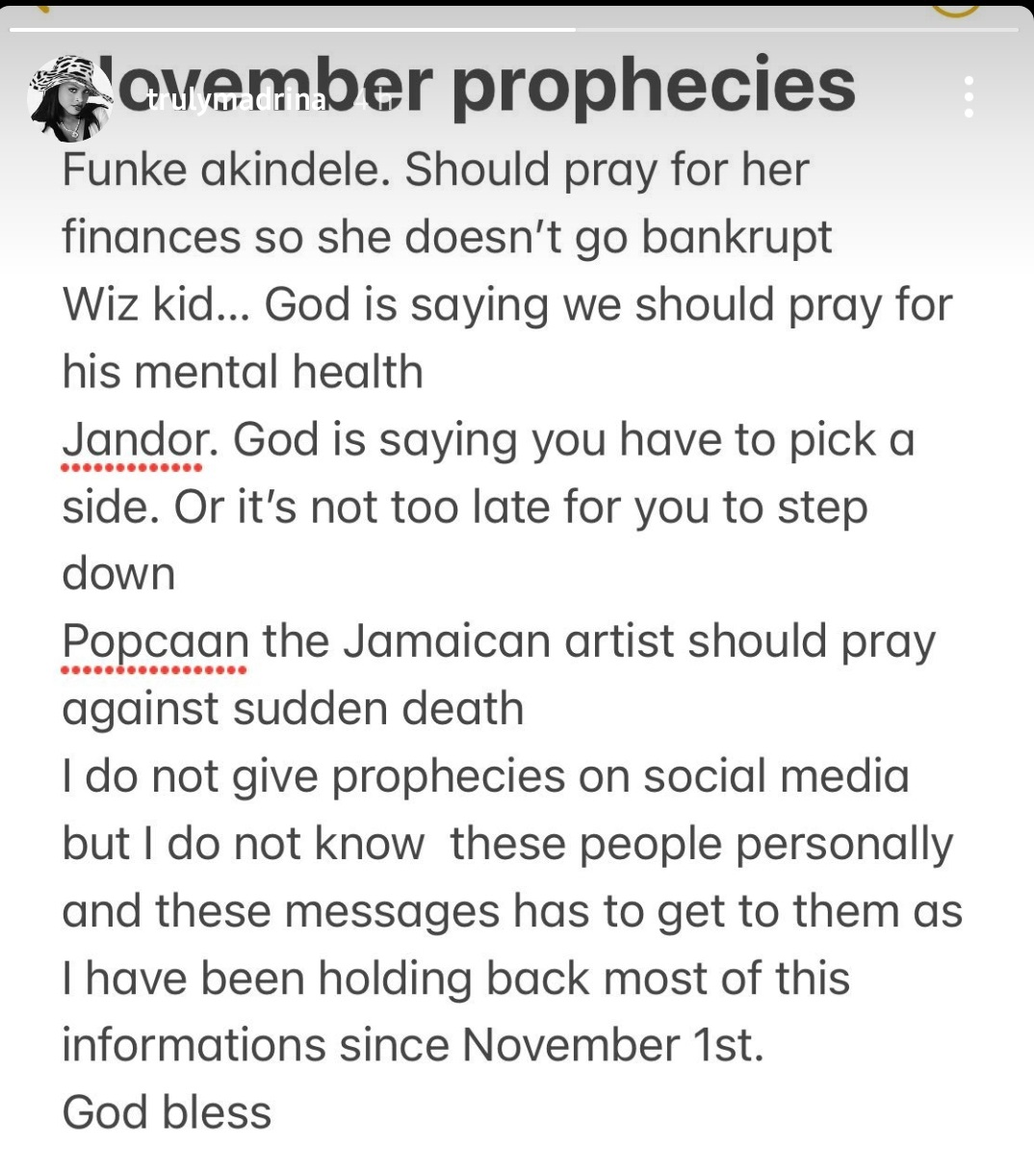 Cynthia Morgan's prophecies. Source: Cynthia Morgan Instagram story