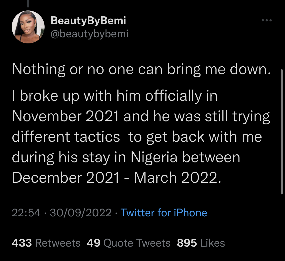 Beauty By Bemi tweets accusing Sheggz of abuse [Twitter/beautybybemi]