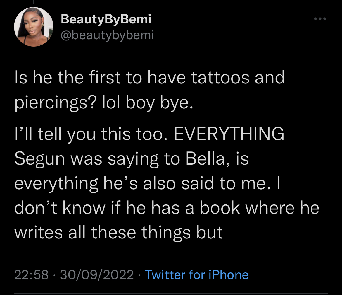 Beauty By Bemi accuses BBNaija’s Sheggz of abuse [Twitter/beautybybemi]