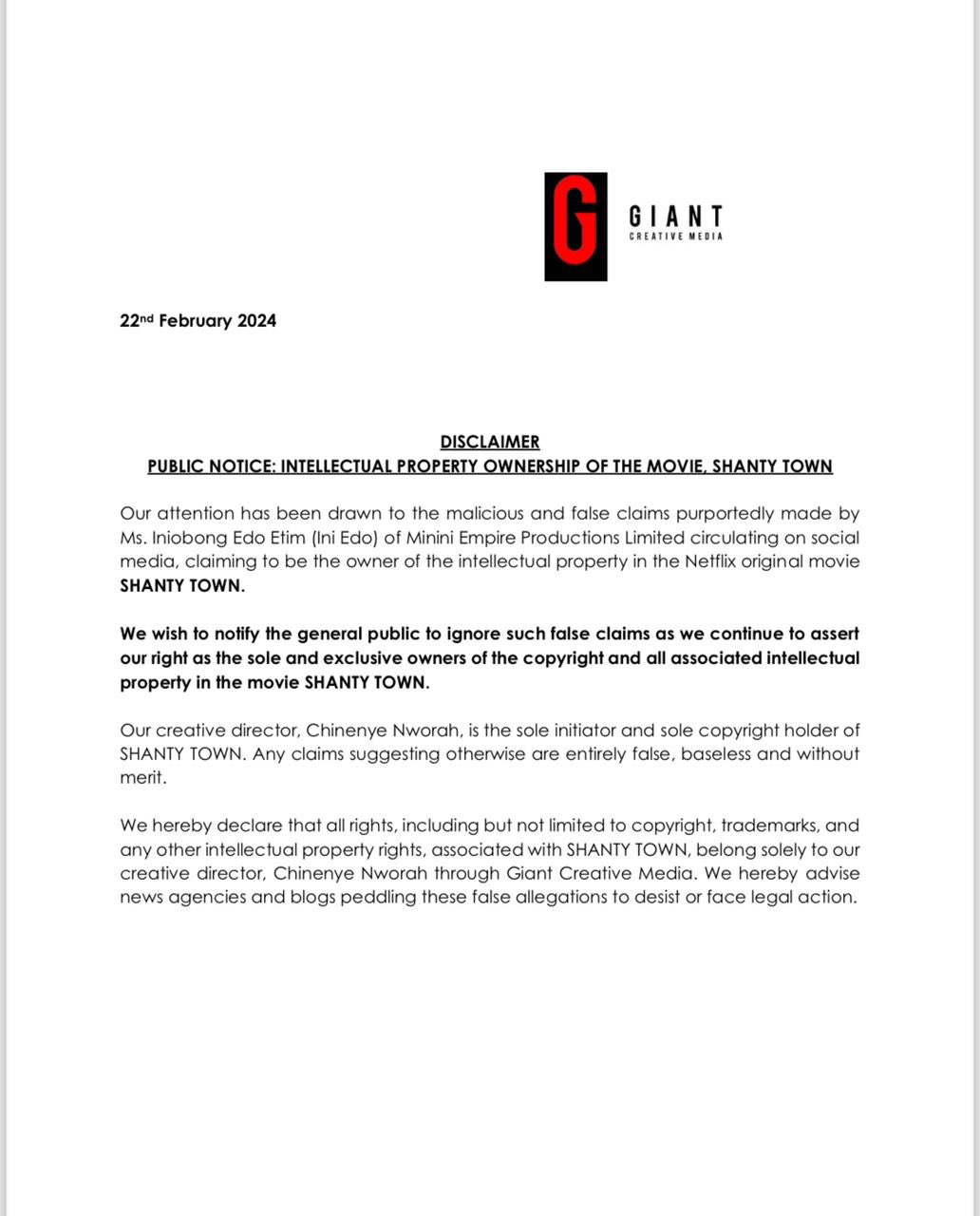 Ini Edo & Chineye Nworah go head to head over 'Shanty Town' ownership rights