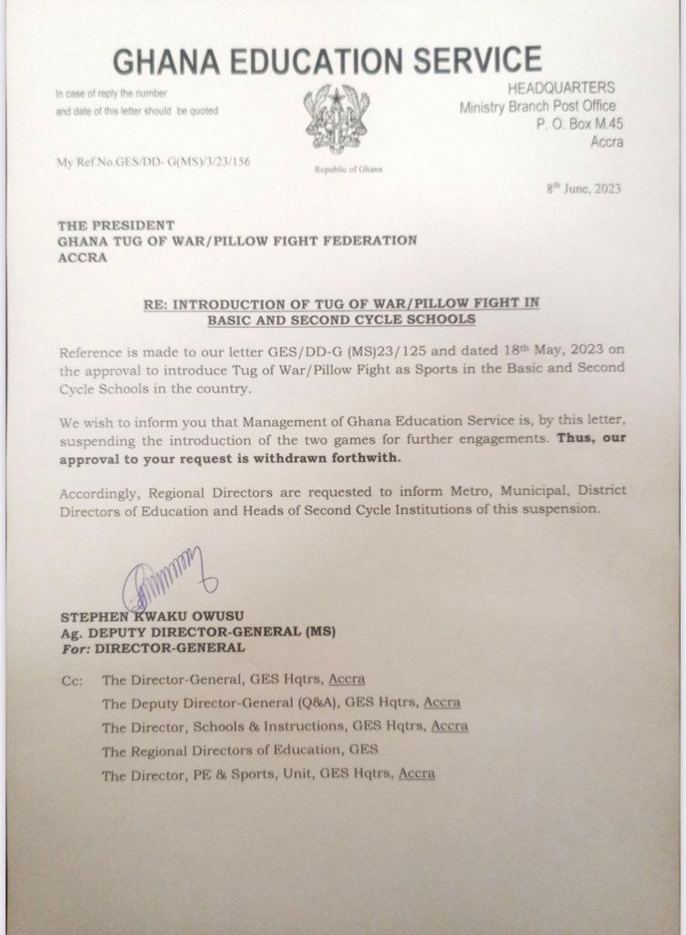 Ghana Education Service makes U-turn; suspends tug of war, pillow fight in schools