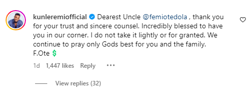 Kunle Remi's comment, appreciating Femi Otedola [Instagram/ femiotedola]