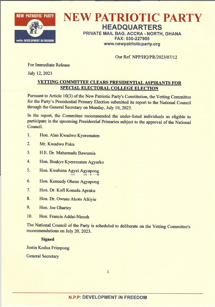 NPP Primaries: All 10 presidential aspirants cleared by party