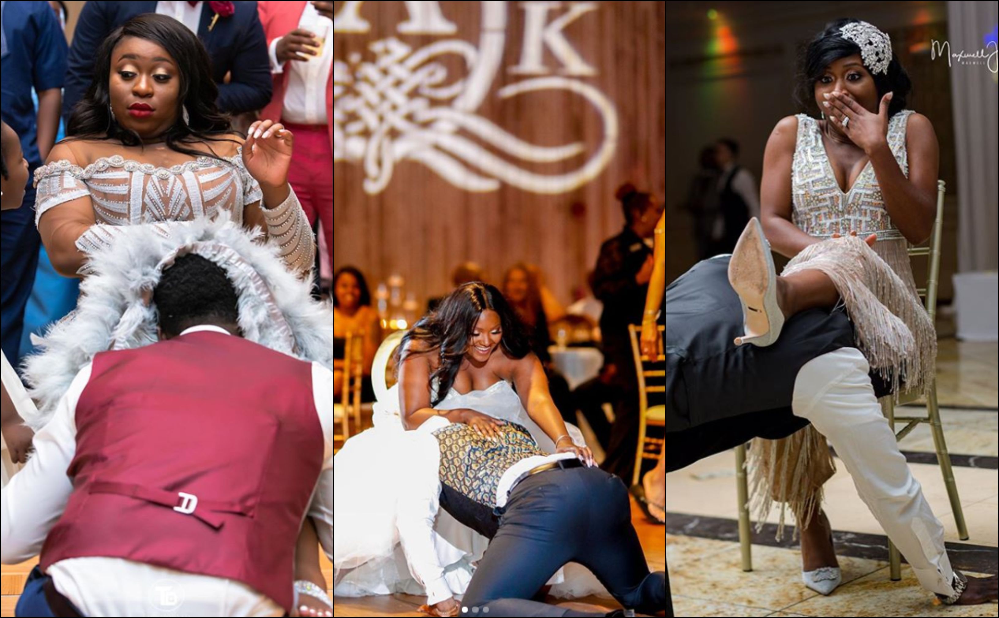 Here's why men are putting their heads in a bride's gown at wedding  receptions