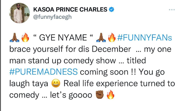 Funny Face's tweet about his Pure Madness comedy show