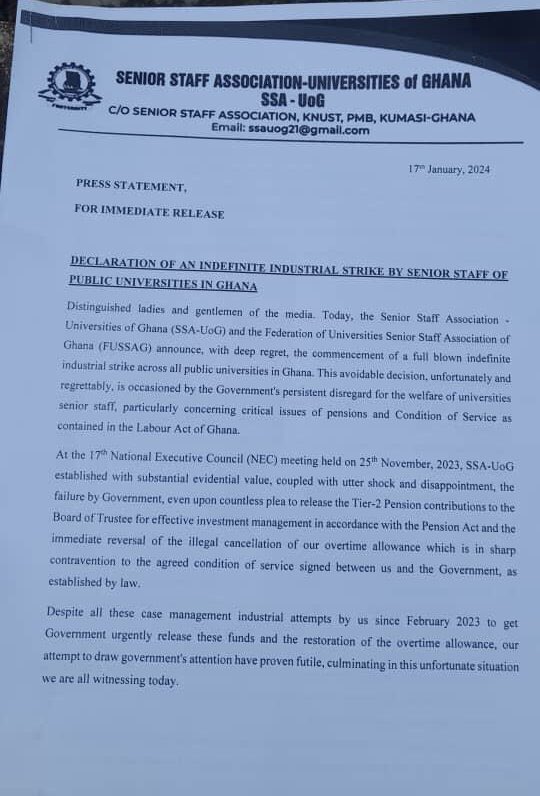 Senior Staff Association of Universities of Ghana declares indefinite strike