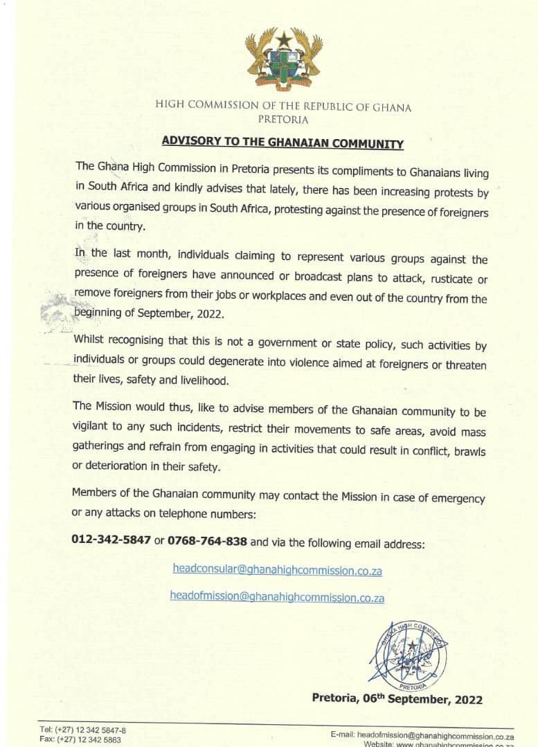 The statement from the Ghana High Commission in Pretoria.