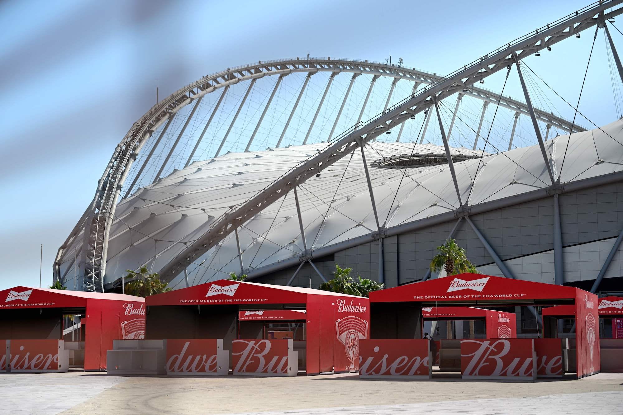 Budweiser beer kiosks are pictured at the Khalifa International Stadium in Doha.Getty/Miguel Medina